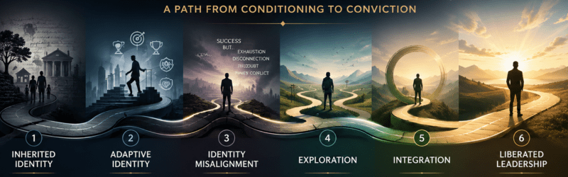 Leadership Identity Development journey: Inherited Identity → Adaptive Identity → Identity Misalignment → Exploration → Integration → Liberated Leadership